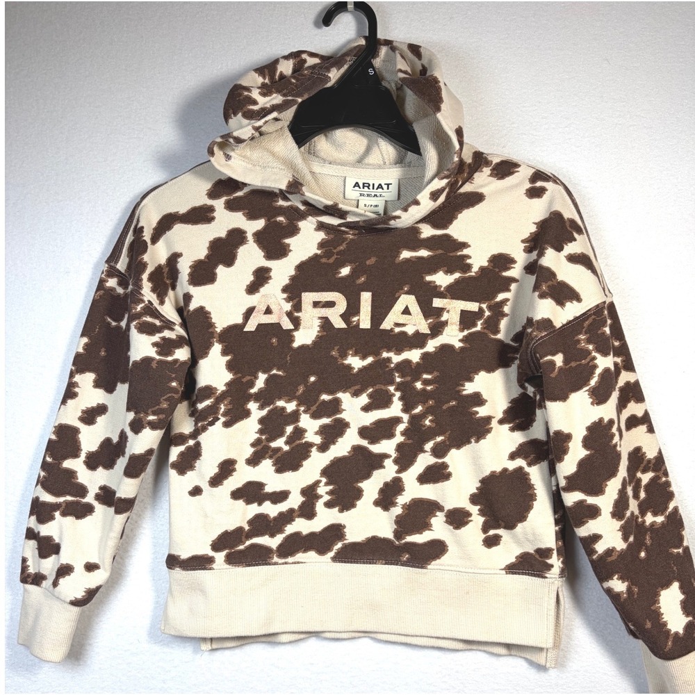 Ariat Hoodie Girls Size 8 Brown Cow Print Excellent Logo Pullover Sweatshirt